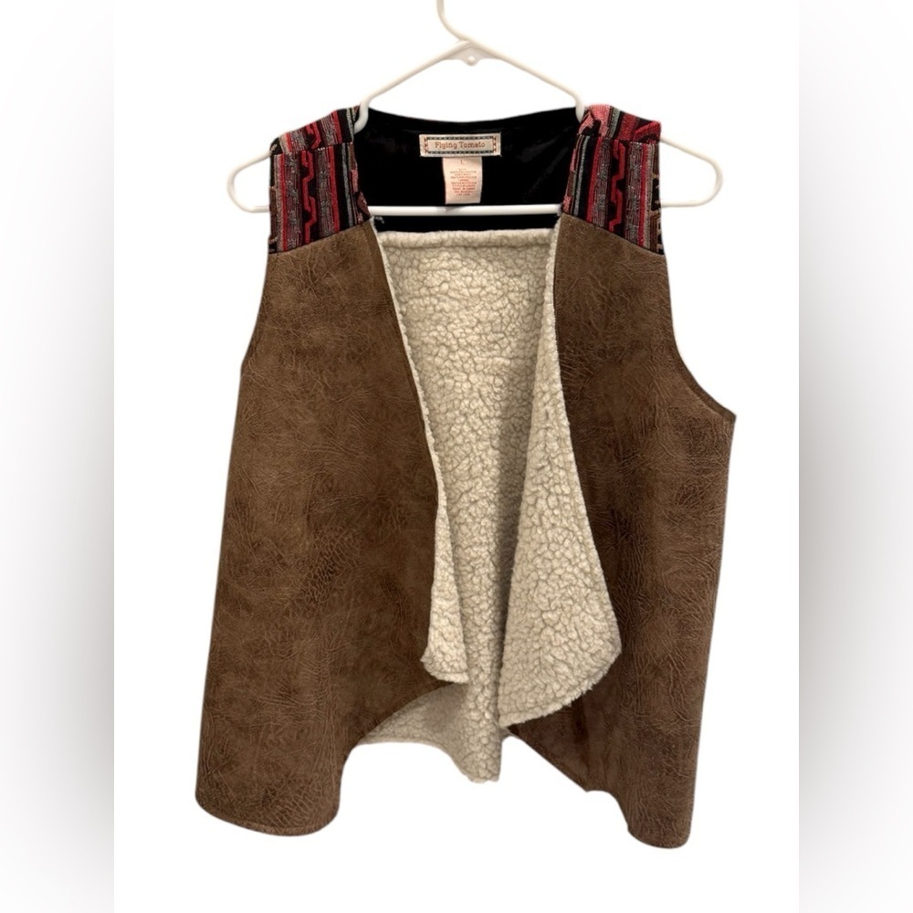 Flying Tomato Aztec Southwestern Vest Tan Faux Suede Sherpa Lining Size Large